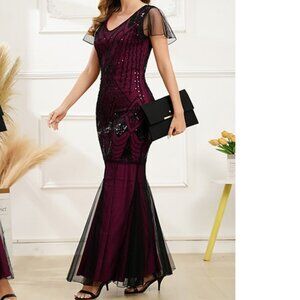 Formal gown evening party/wedding black & burgundy Dress V Neck Art Deco Sequins